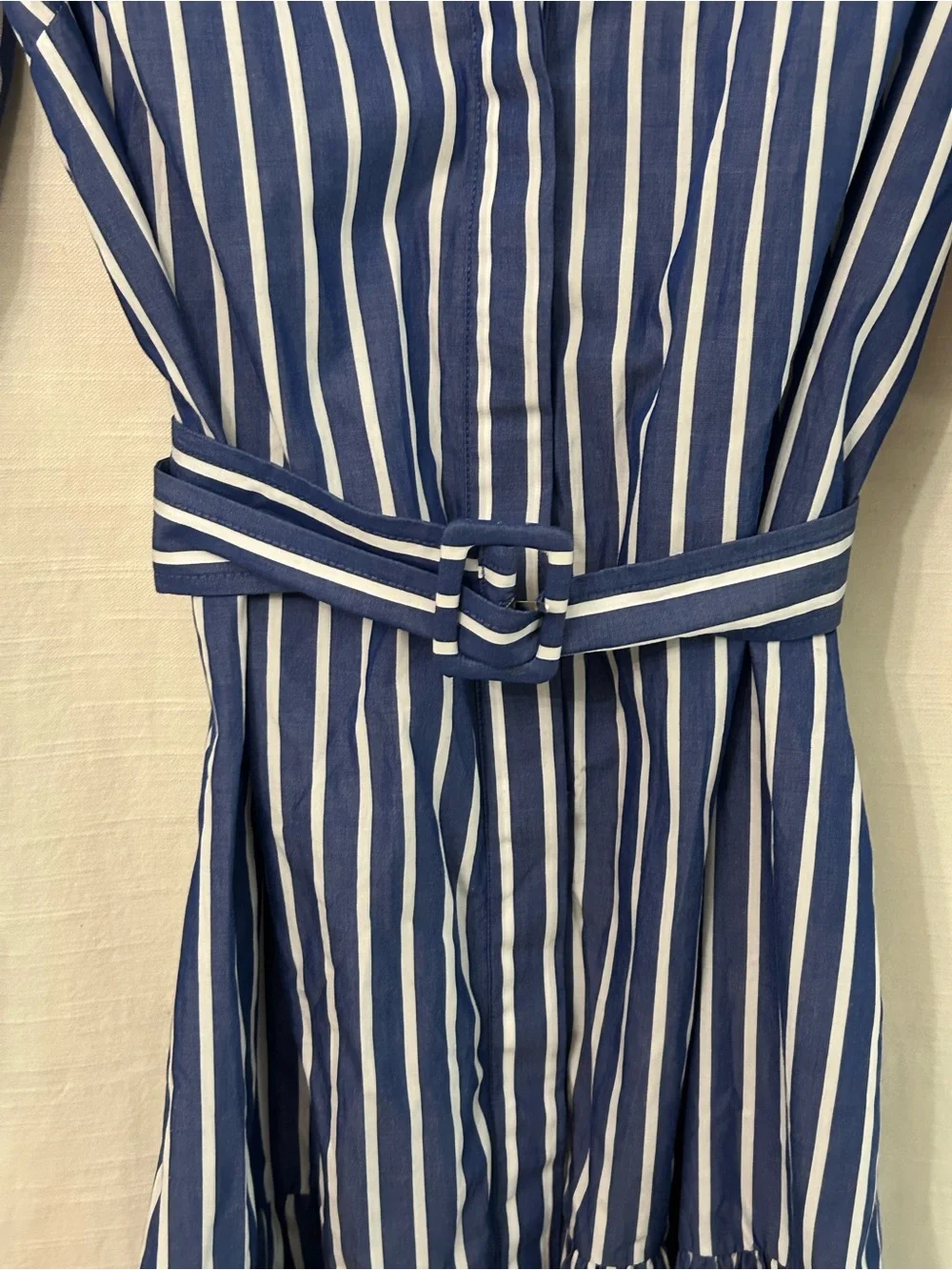 J. Crew Classic Preppy Blue & White Striped Belted Shirt Dress w/Contrast Collar